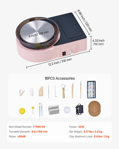 Mini keramikhjul, 158 mm roterande tallrik, framåt- och bakåtrotation, justerbar hastighet, elektrisk lerhjul för barn och vuxna, med lerformningsverktyg, för hemmafix, keramikkurser, rosa