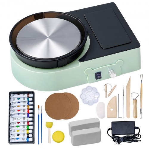Mini keramikhjul, 158 mm roterande tallrik, framåt- och bakåtrotation, justerbar hastighet, elektrisk lerhjul för barn och vuxna, med lerformningsverktyg, för hemmafix, keramikkurser, grön