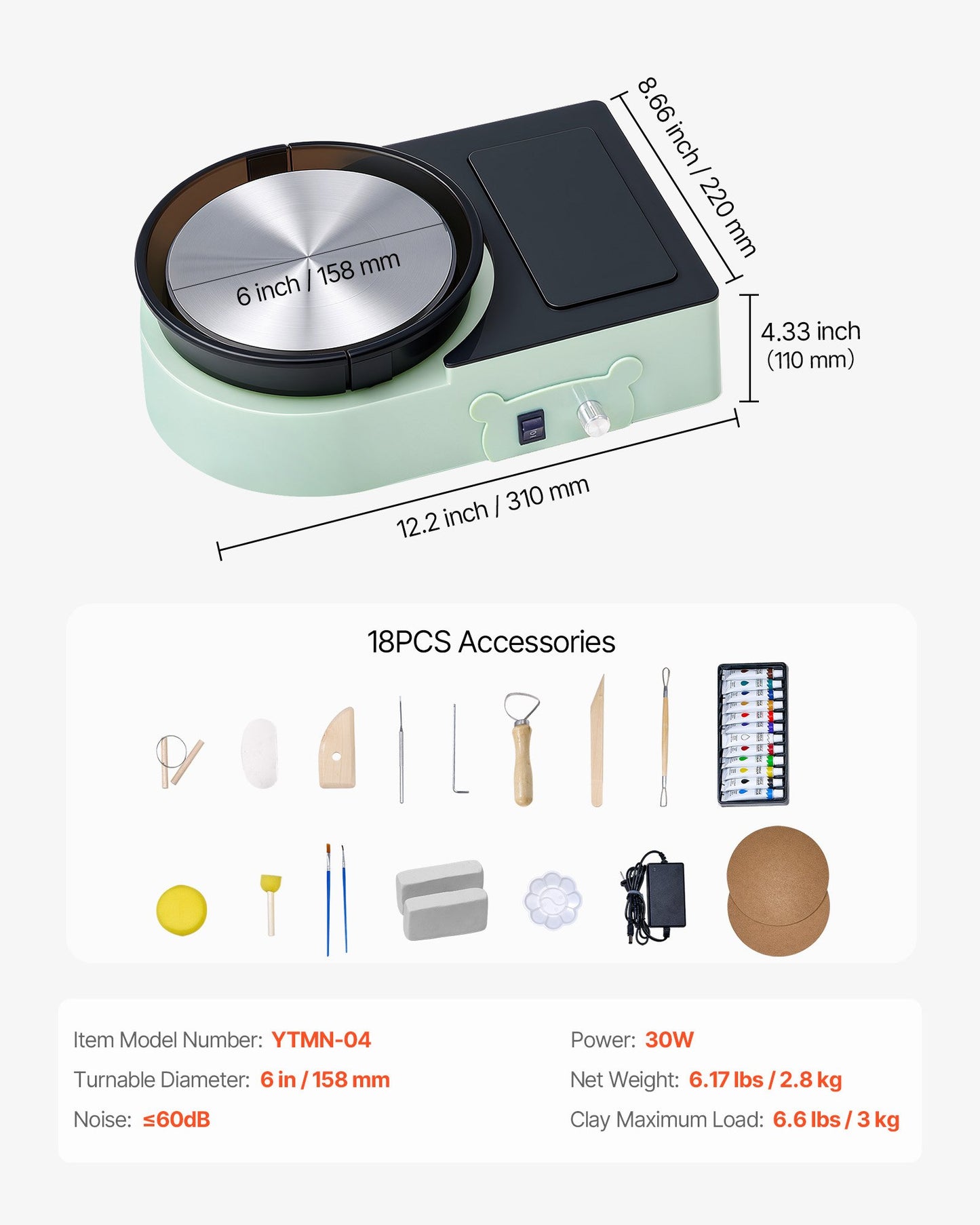 Mini keramikhjul, 158 mm roterande tallrik, framåt- och bakåtrotation, justerbar hastighet, elektrisk lerhjul för barn och vuxna, med lerformningsverktyg, för hemmafix, keramikkurser, grön