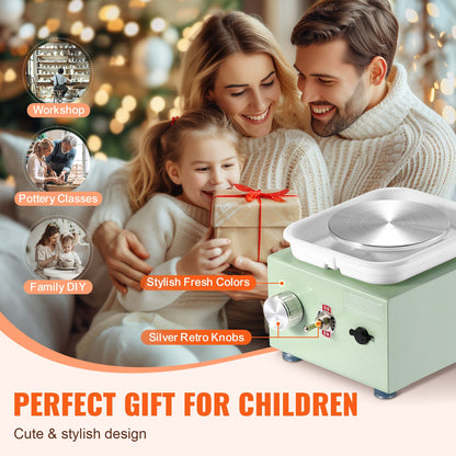 Mini keramikhjul, 0-320 varv/min justerbar hastighet avtagbar skålformningsmaskin, 2,56 tum/3,94 tum 2 skivspelare elektrisk keramikhjulsmaskin, 18 st tillbehör, för konsthantverk hem DIY, grön