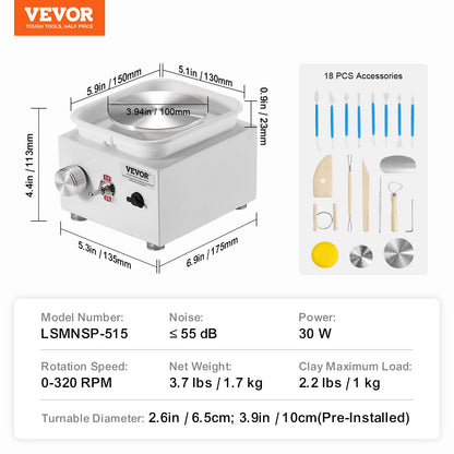 Mini Pottery Wheel, 0-320RPM Adjustable Speed Detachable Basin Forming Machine, 2.56in/3.94in 2 Turntables Electric Ceramic Wheel Machine, 18pcs Accessories, for Art Craft Work Home DIY, White