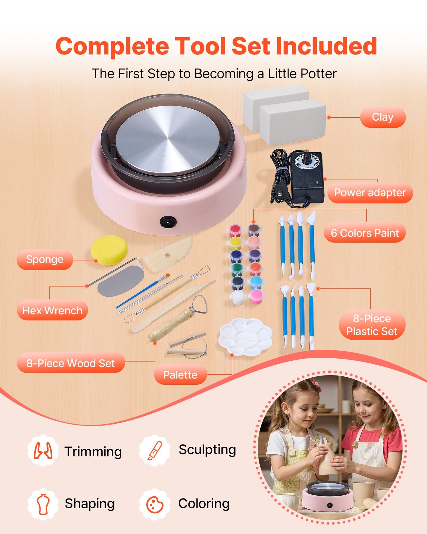 Mini Pottery Wheel, 158 mm Turntable, Forward and Reverse Rotation, Adjustable Speed, Electric Clay Wheel for Kids and Beginners, with Shaping Tools, for Home DIY, Pottery Classes, Pink