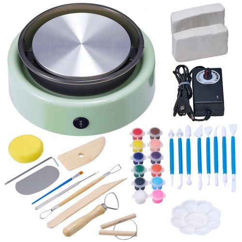 Mini lerhjul, 158 mm roterande tallrik, framåt- och bakåtrotation, justerbar hastighet, elektrisk lerhjul för barn och nybörjare, med formverktyg, för hemmafix, keramikkurser, grön
