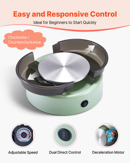 Mini lerhjul, 158 mm roterande tallrik, framåt- och bakåtrotation, justerbar hastighet, elektrisk lerhjul för barn och nybörjare, med formverktyg, för hemmafix, keramikkurser, grön