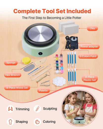 Mini lerhjul, 158 mm roterande tallrik, framåt- och bakåtrotation, justerbar hastighet, elektrisk lerhjul för barn och nybörjare, med formverktyg, för hemmafix, keramikkurser, grön