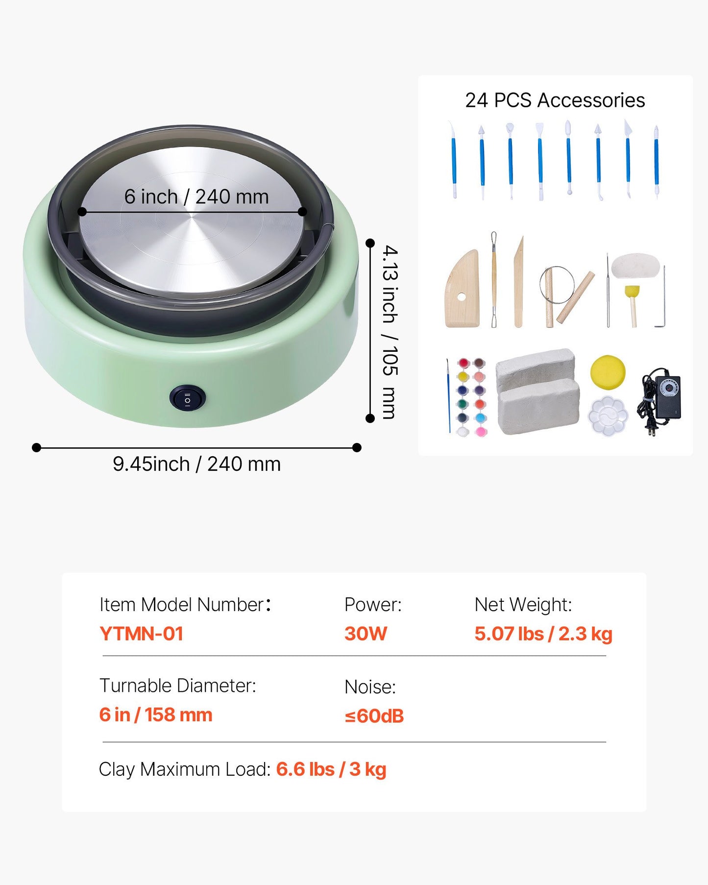 Mini lerhjul, 158 mm roterande tallrik, framåt- och bakåtrotation, justerbar hastighet, elektrisk lerhjul för barn och nybörjare, med formverktyg, för hemmafix, keramikkurser, grön