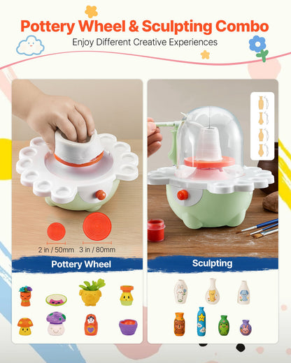 Mini keramikhjul, 50 mm och 80 mm roterande tallrikar, justerbar hastighet, elektrisk lerhjul för barn och nybörjare, komplett keramikset med lerskulpturverktyg, present till pojkar och flickor, grön