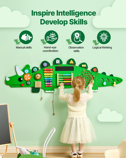 Dinosaur Activity Wall Busy Board Panels, 11 Activities, Montessori Sensory Wall Toy for Kids 3-12 Years, Montessori Learning Activity Center, Ideal for Toddler Playroom Nursery Classroom