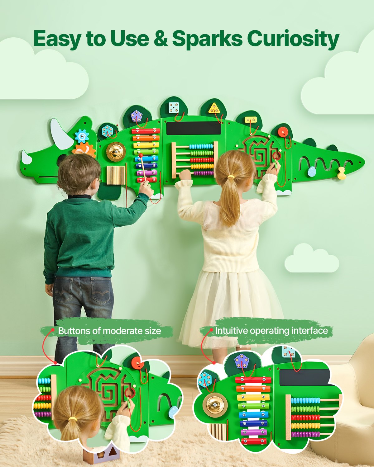 Dinosaur Activity Wall Busy Board Panels, 11 Activities, Montessori Sensory Wall Toy for Kids 3-12 Years, Montessori Learning Activity Center, Ideal for Toddler Playroom Nursery Classroom