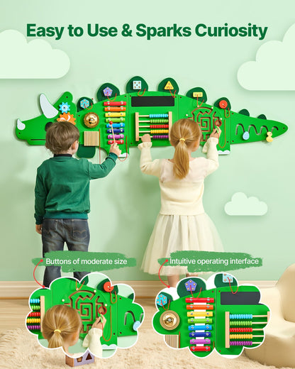 Dinosaur Activity Wall Busy Board Panels, 11 Activities, Montessori Sensory Wall Toy for Kids 3-12 Years, Montessori Learning Activity Center, Ideal for Toddler Playroom Nursery Classroom