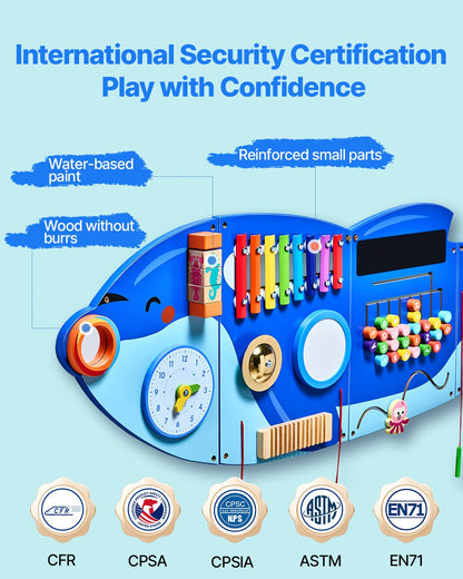 Orca Activity Wall Busy Board Panels, 12 Activities, Montessori Sensory Wall Toy for Kids 3-12 Years, Montessori Learning Activity Center, Ideal for Toddler Playroom Nursery Classroom