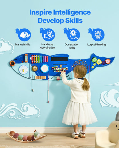 Orca Activity Wall Busy Board Panels, 12 Activities, Montessori Sensory Wall Toy for Kids 3-12 Years, Montessori Learning Activity Center, Ideal for Toddler Playroom Nursery Classroom
