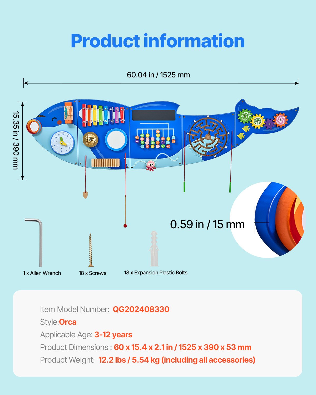 Orca Activity Wall Busy Board Panels, 12 Activities, Montessori Sensory Wall Toy for Kids 3-12 Years, Montessori Learning Activity Center, Ideal for Toddler Playroom Nursery Classroom