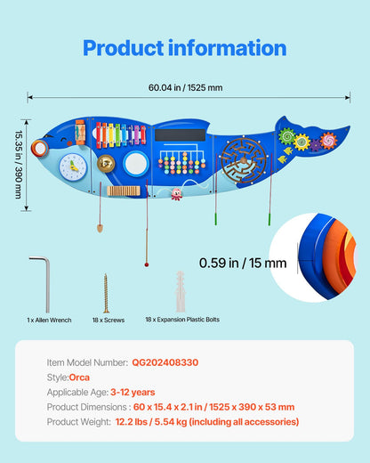 Orca Activity Wall Busy Board Panels, 12 Activities, Montessori Sensory Wall Toy for Kids 3-12 Years, Montessori Learning Activity Center, Ideal for Toddler Playroom Nursery Classroom