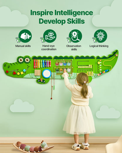 Krokodilaktivitetsvägg med aktivitetstavlor, 9 aktiviteter, Montessori sensorisk väggleksak för barn 3-12 år, Montessoriinlärningscenter, perfekt för småbarnslekrum, barnrum och klassrum