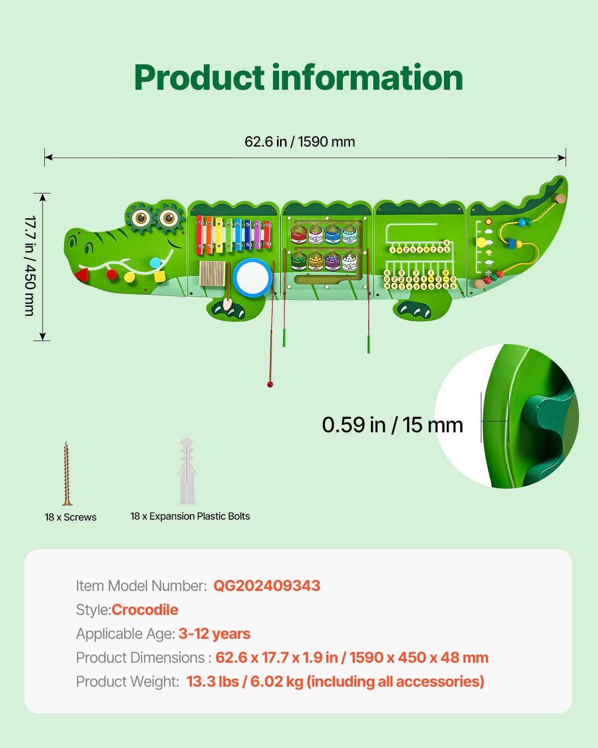 Krokodilaktivitetsvägg med aktivitetstavlor, 9 aktiviteter, Montessori sensorisk väggleksak för barn 3-12 år, Montessoriinlärningscenter, perfekt för småbarnslekrum, barnrum och klassrum