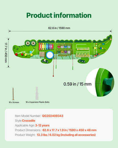 Krokodilaktivitetsvägg med aktivitetstavlor, 9 aktiviteter, Montessori sensorisk väggleksak för barn 3-12 år, Montessoriinlärningscenter, perfekt för småbarnslekrum, barnrum och klassrum