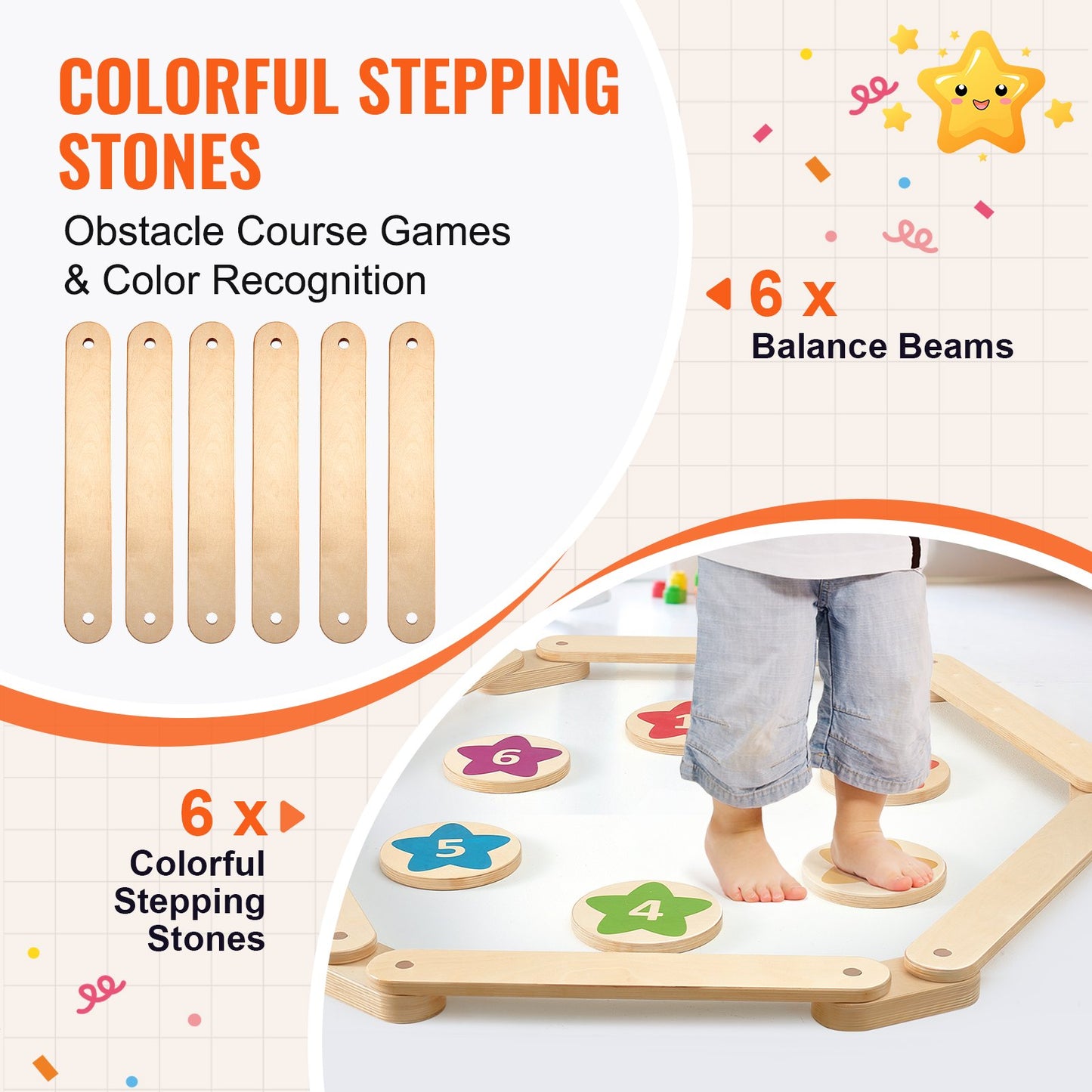 Balance Beam Stepping Stones, 6 PCS Wooden Toddler Balance Boards, Montessori Toy for Kids 2-6, Build Coordination and Gross Motor Skills, Gymnastics Course Indoor & Outdoor for Girls Boys Gift