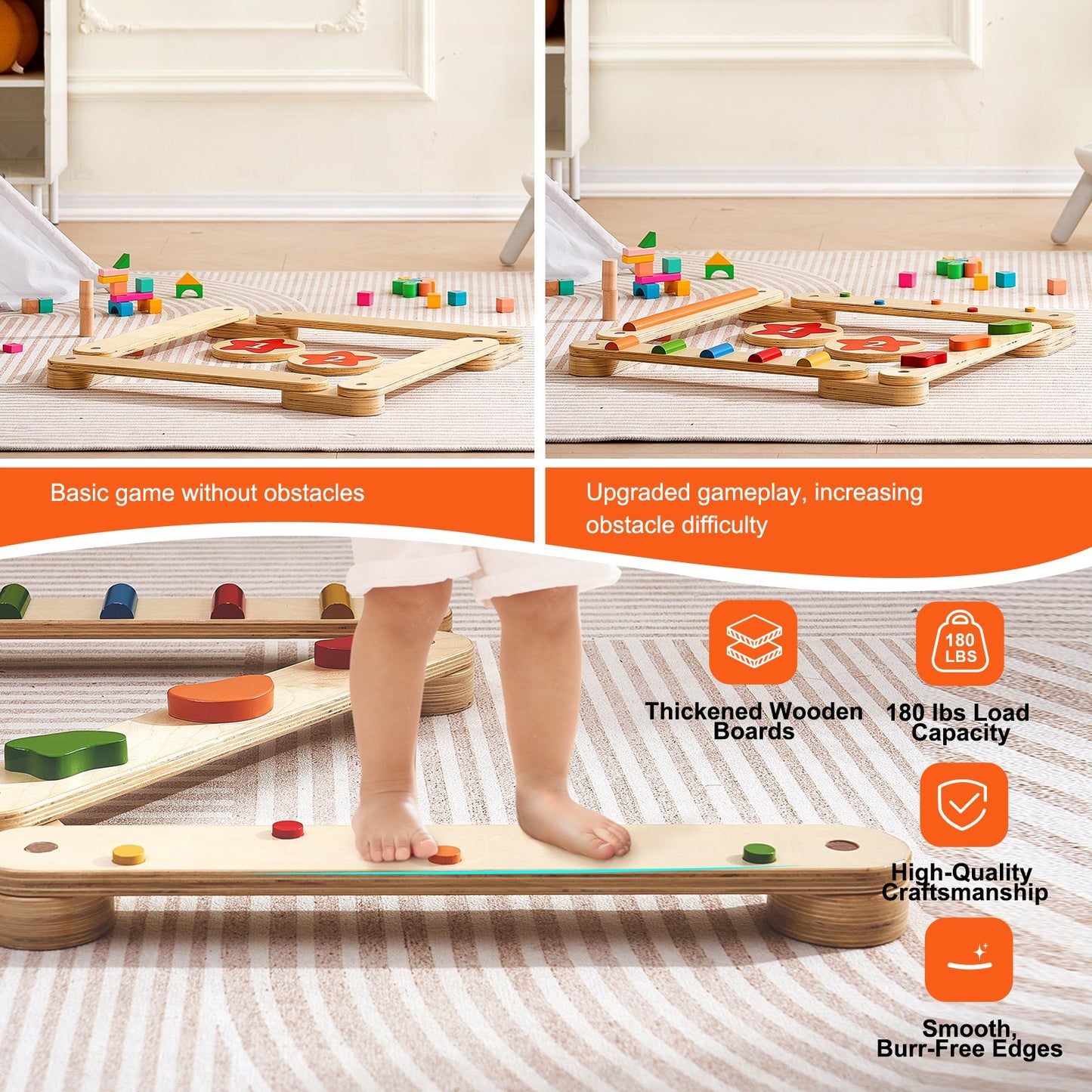 Balance Beam Stepping Stones, 6 PCS Wooden Toddler Balance Boards, Montessori Toy for Kids 2-6, Build Coordination and Gross Motor Skills Gymnastics Obstacle Course Indoor Outdoor for Girls Boys