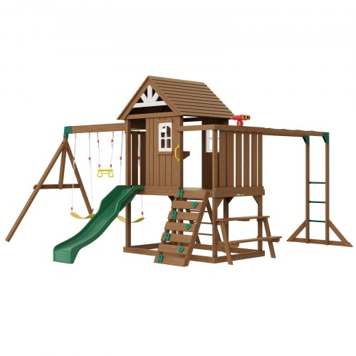 Wooden Swing Set, 10 IN 1 Playground Sets for Backyards, 2 Swings, Trapeze Bar, 6FT Slide, Large Upper Fort with Kitchen Toys, Flat Step Ladder, Rock Wall, Picnic Table, Sandbox, Scaling Ladder
