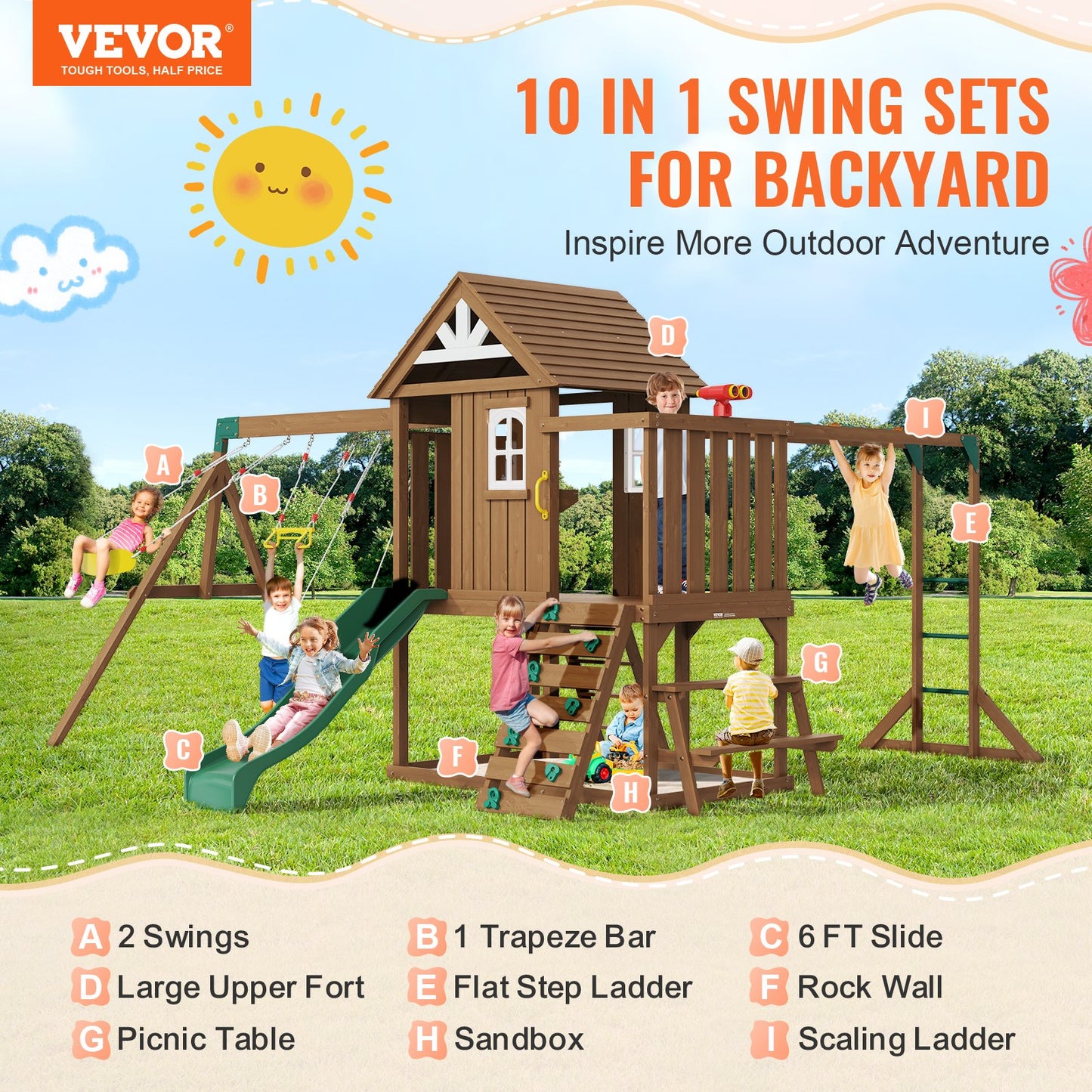 Wooden Swing Set, 10 IN 1 Playground Sets for Backyards, 2 Swings, Trapeze Bar, 6FT Slide, Large Upper Fort with Kitchen Toys, Flat Step Ladder, Rock Wall, Picnic Table, Sandbox, Scaling Ladder