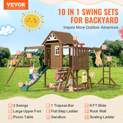 Wooden Swing Set, 10 IN 1 Playground Sets for Backyards, 2 Swings, Trapeze Bar, 6FT Slide, Large Upper Fort with Kitchen Toys, Flat Step Ladder, Rock Wall, Picnic Table, Sandbox, Scaling Ladder