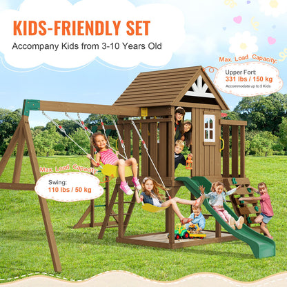 Wooden Swing Set, 10 IN 1 Playground Sets for Backyards, 2 Swings, Trapeze Bar, 6FT Slide, Large Upper Fort with Kitchen Toys, Flat Step Ladder, Rock Wall, Picnic Table, Sandbox, Scaling Ladder