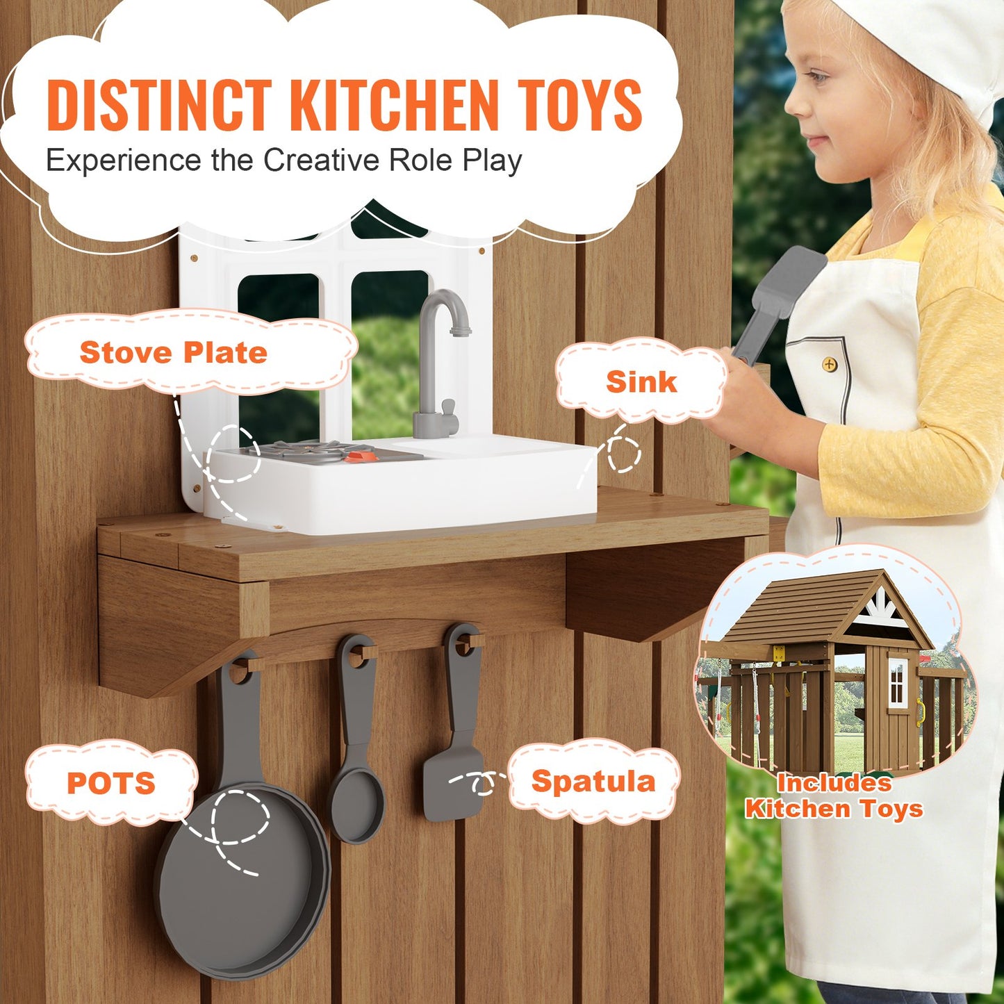 Wooden Swing Set, 10 IN 1 Playground Sets for Backyards, 2 Swings, Trapeze Bar, 6FT Slide, Large Upper Fort with Kitchen Toys, Flat Step Ladder, Rock Wall, Picnic Table, Sandbox, Scaling Ladder