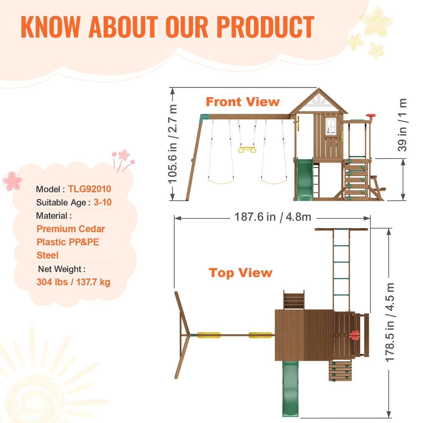 Wooden Swing Set, 10 IN 1 Playground Sets for Backyards, 2 Swings, Trapeze Bar, 6FT Slide, Large Upper Fort with Kitchen Toys, Flat Step Ladder, Rock Wall, Picnic Table, Sandbox, Scaling Ladder