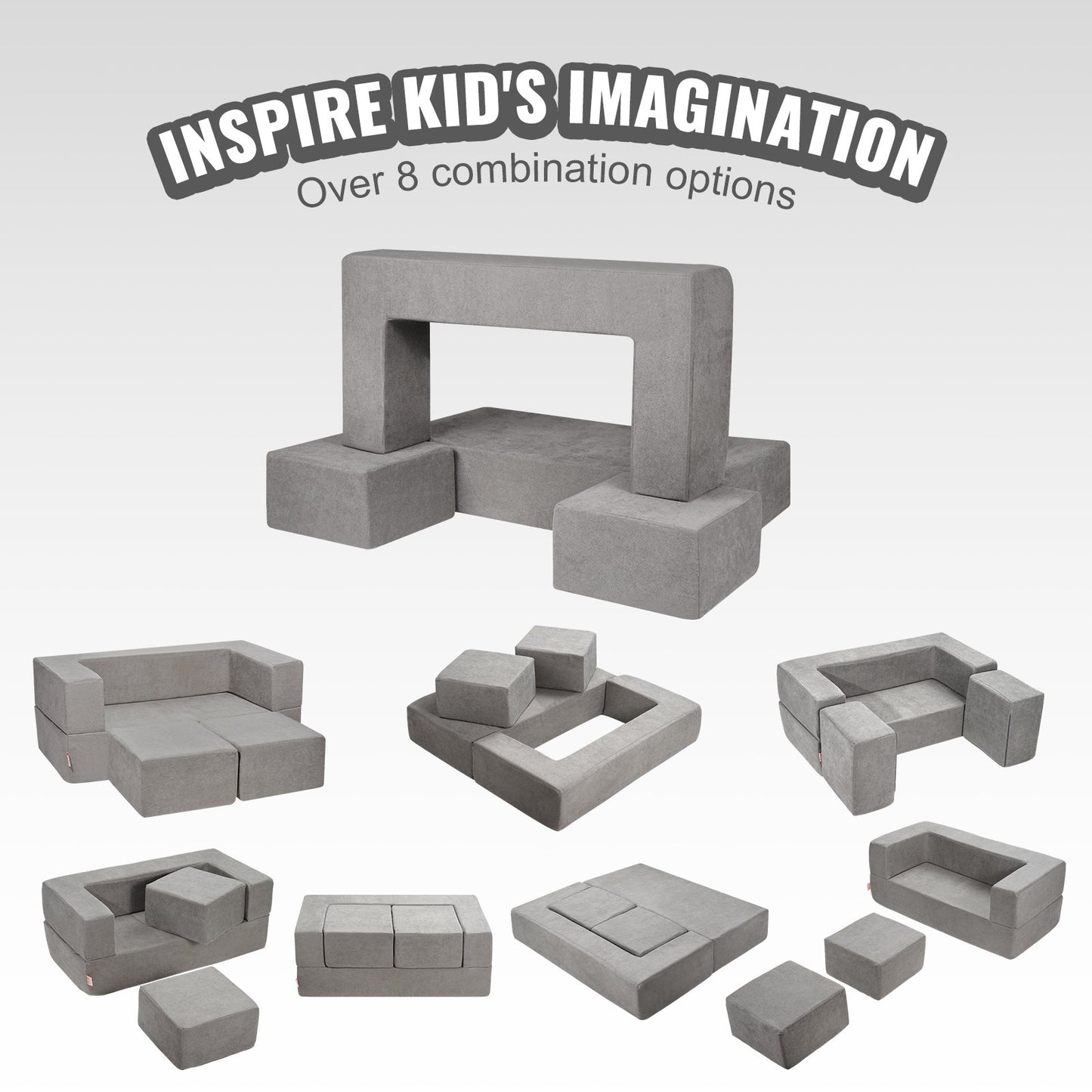 Kids Couch, 4Pcs Modular Kids Play Couch, Toddler Couch Sofa Bed, Kids Chair Seat Playroom Furniture, Child Sectional Sofa with Removable Cover for Kids Girls & Boys, Grey
