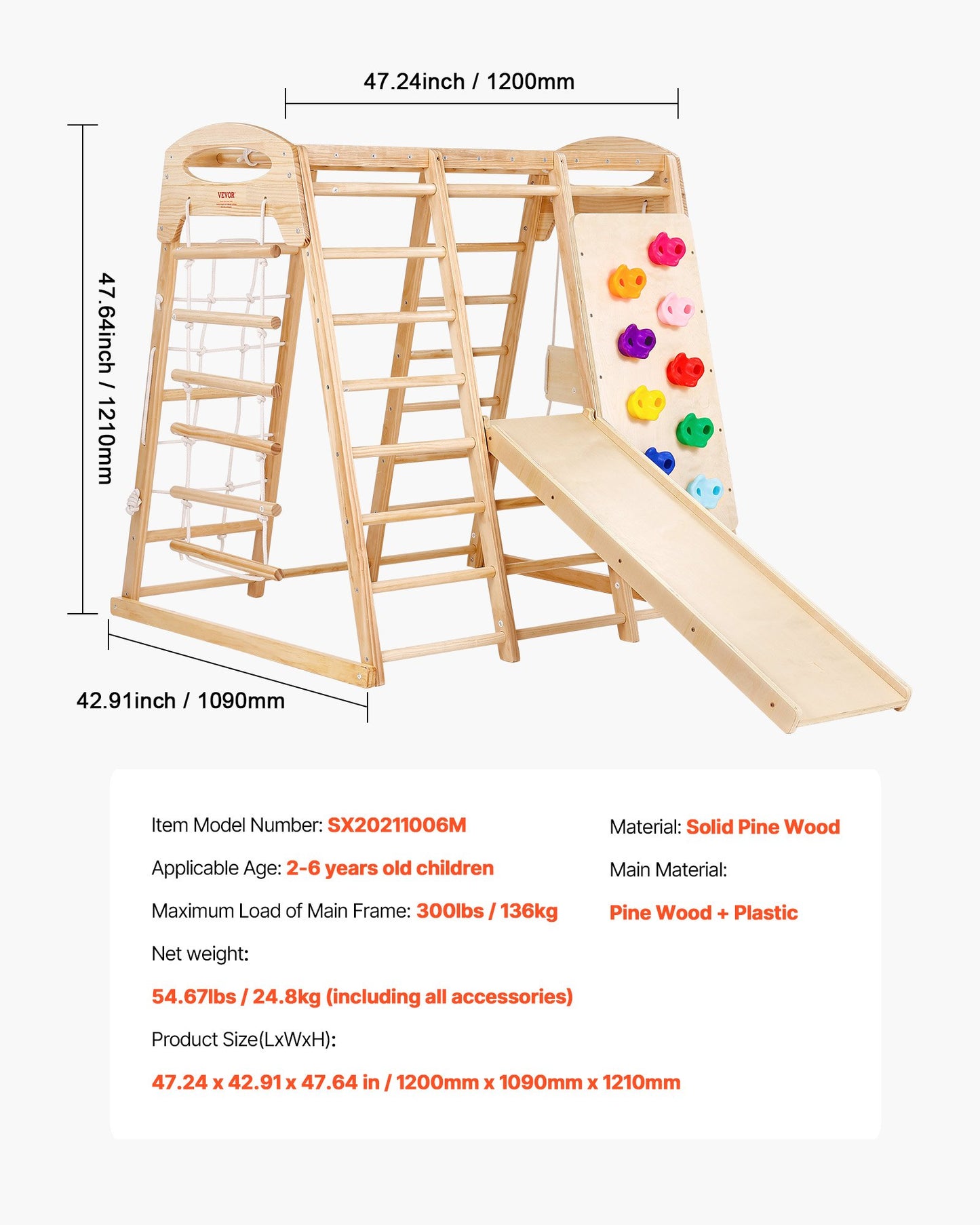 Indoor Jungle Gym, 7-in-1 Toddler Indoor Playground, 109 x 120 x 119.5 cm, with Wood and Rope Ladder, Net Ladder, Swing, Monkey Bar, Slide, Climbing Wall, Wooden Indoor Climbing Toys for Kids