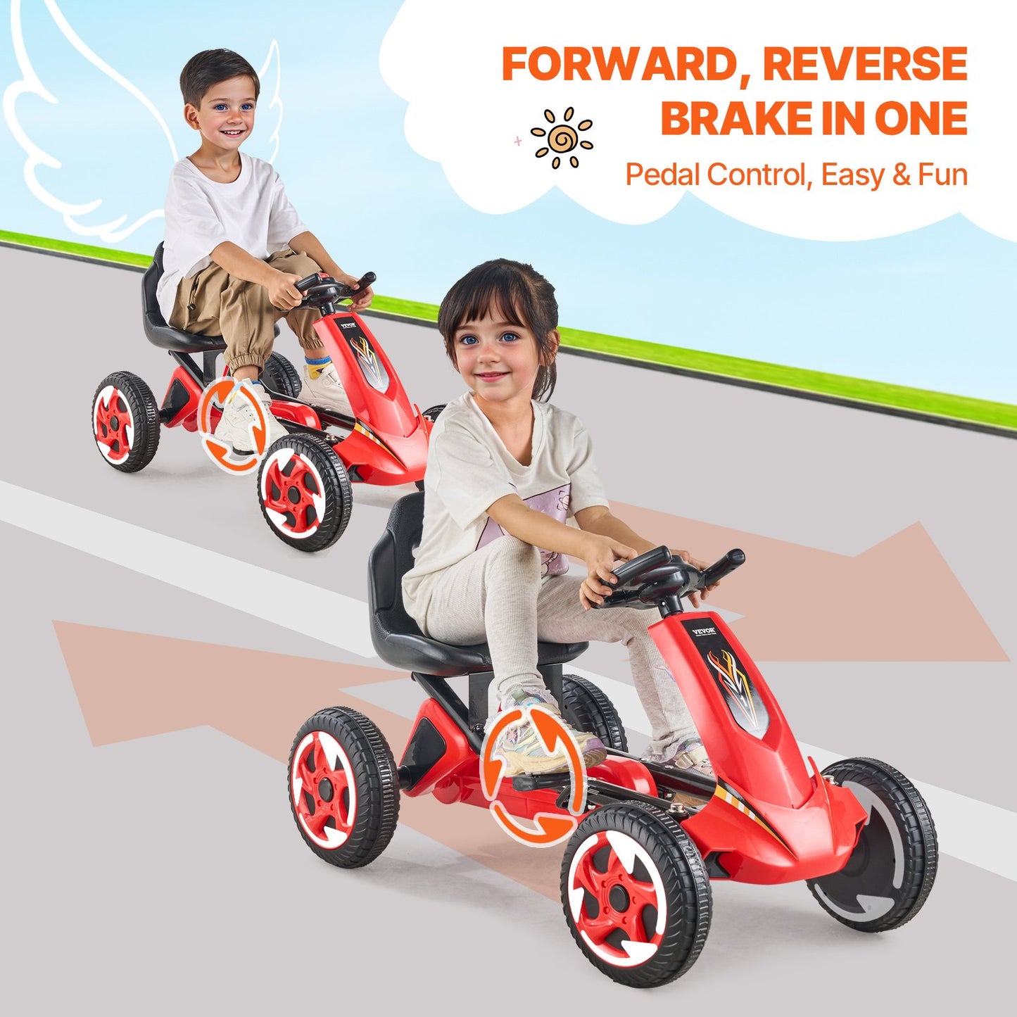 Kids Pedal Go Kart, 4 Wheel Off-Road Pedal Go Cart Ride On Toy for Kids, Steering Wheel, Adjustable Seat, Non-slip Big Wheels, Outdoor Racer Ride On Pedal Car for Boys & Girls Ages 3-8, Red