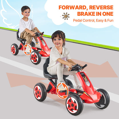 Kids Pedal Go Kart, 4 Wheel Off-Road Pedal Go Cart Ride On Toy for Kids, Steering Wheel, Adjustable Seat, Non-slip Big Wheels, Outdoor Racer Ride On Pedal Car for Boys & Girls Ages 3-8, Red