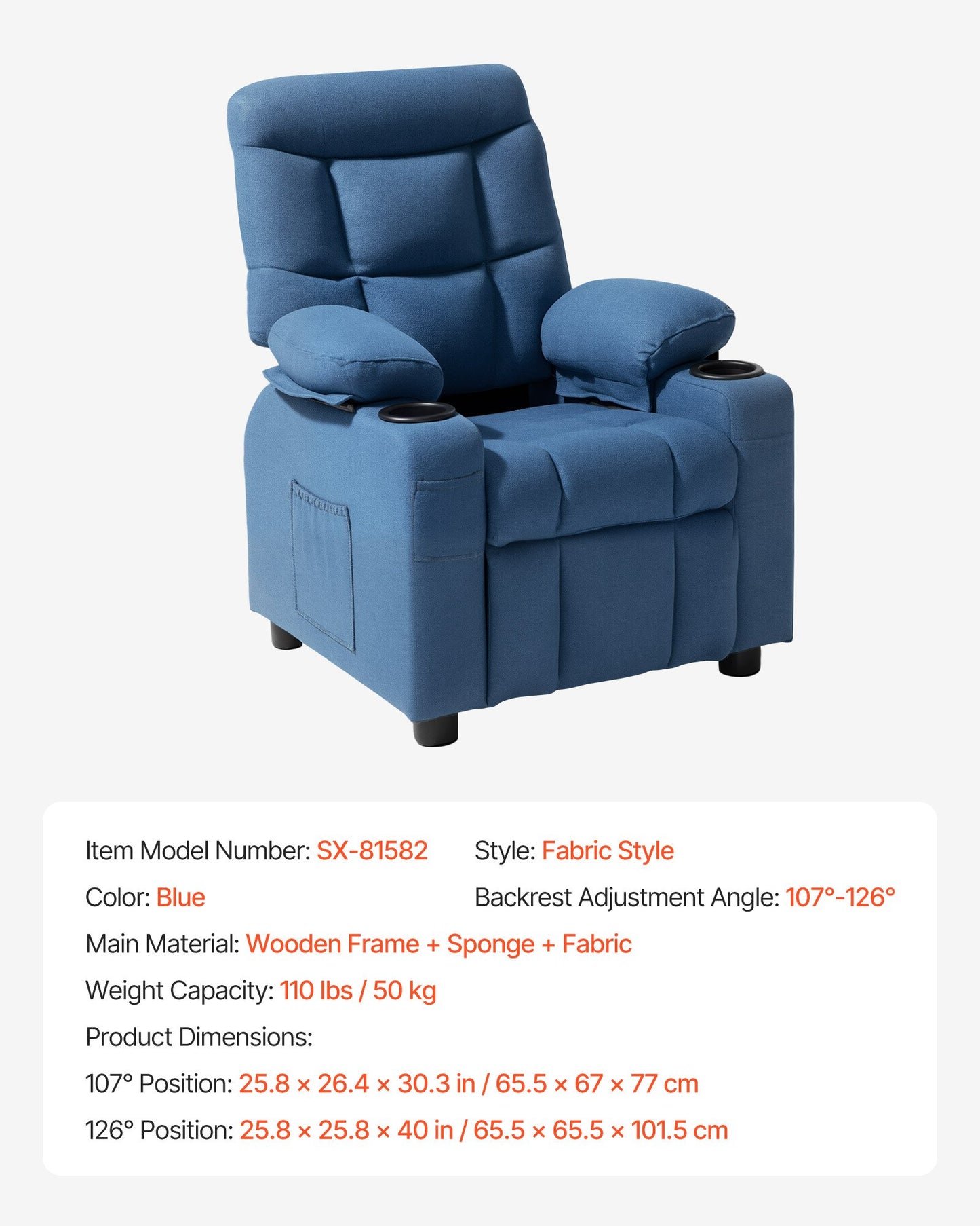 Barnfåtölj, fåtölj med mugghållare och fickor, justerbart ryggstöd från 107° till 126°, andningsbar polyestertygssoffa med fotstöd, för pojkar och flickor, barn (blå)