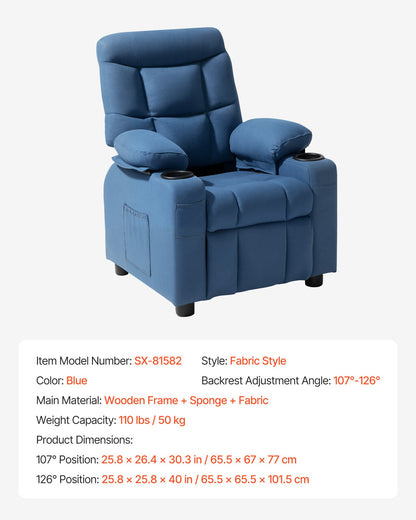 Barnfåtölj, fåtölj med mugghållare och fickor, justerbart ryggstöd från 107° till 126°, andningsbar polyestertygssoffa med fotstöd, för pojkar och flickor, barn (blå)