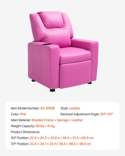 Barnfåtölj, fåtölj med mugghållare, justerbart ryggstöd från 101° till 121°, lättrengjord fåtölj i PU-läder med fotstöd, 41 kg belastning, för pojkar och flickor, barn (rosa)