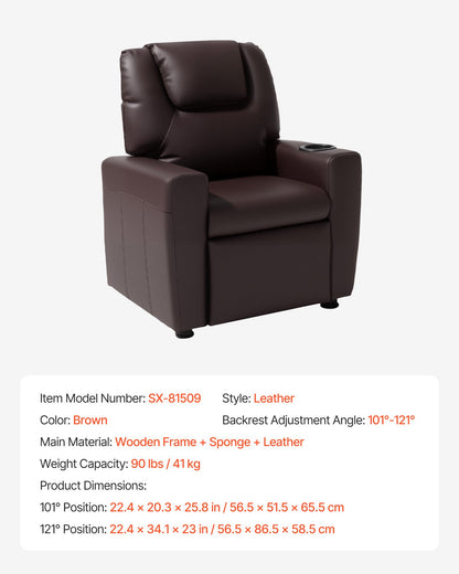 Kids Reclining Chair, Toddler Recliner with Cup Holder, 101° to 121° Adjustable Backrest, Easy-to-Clean PU Leather Recliner Couch with Footrest, 41 kg Load, for Boys & Girls, Children (Brown)