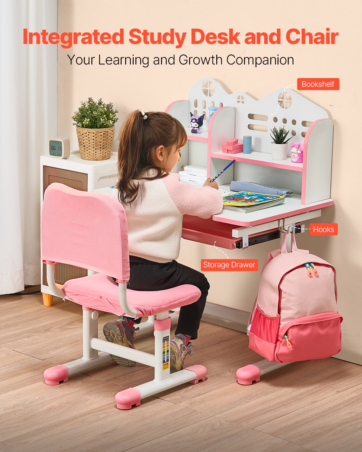 Kids Study Chair and Desk Set, Study Desk and Chair for Kids with Bookshelf and Storage Drawer, Adjustable Height Kids Study Desk with Chair, Children Study Table for Bedroom & Study Room, Pink