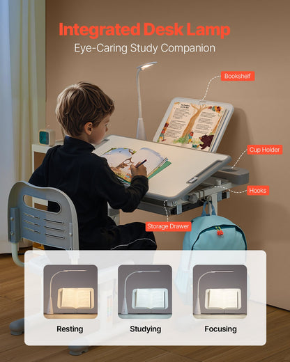 Barnstol och skrivbordsset, skrivbord och stol för barn med bordslampa, justerbar höjd och 0-40° lutande skrivbordsbord och stol, barnstudiebord för sovrum och studierum, grå