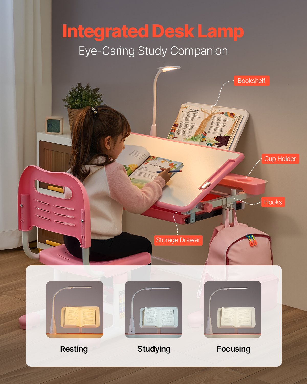 Kids Study Chair and Desk Set, Study Desk and Chair for Kids with Table Lamp, Adjustable Height & 0-40° Tilted Desktop Kids Desk and Chair, Children Study Table for Bedroom & Study Room, Pink