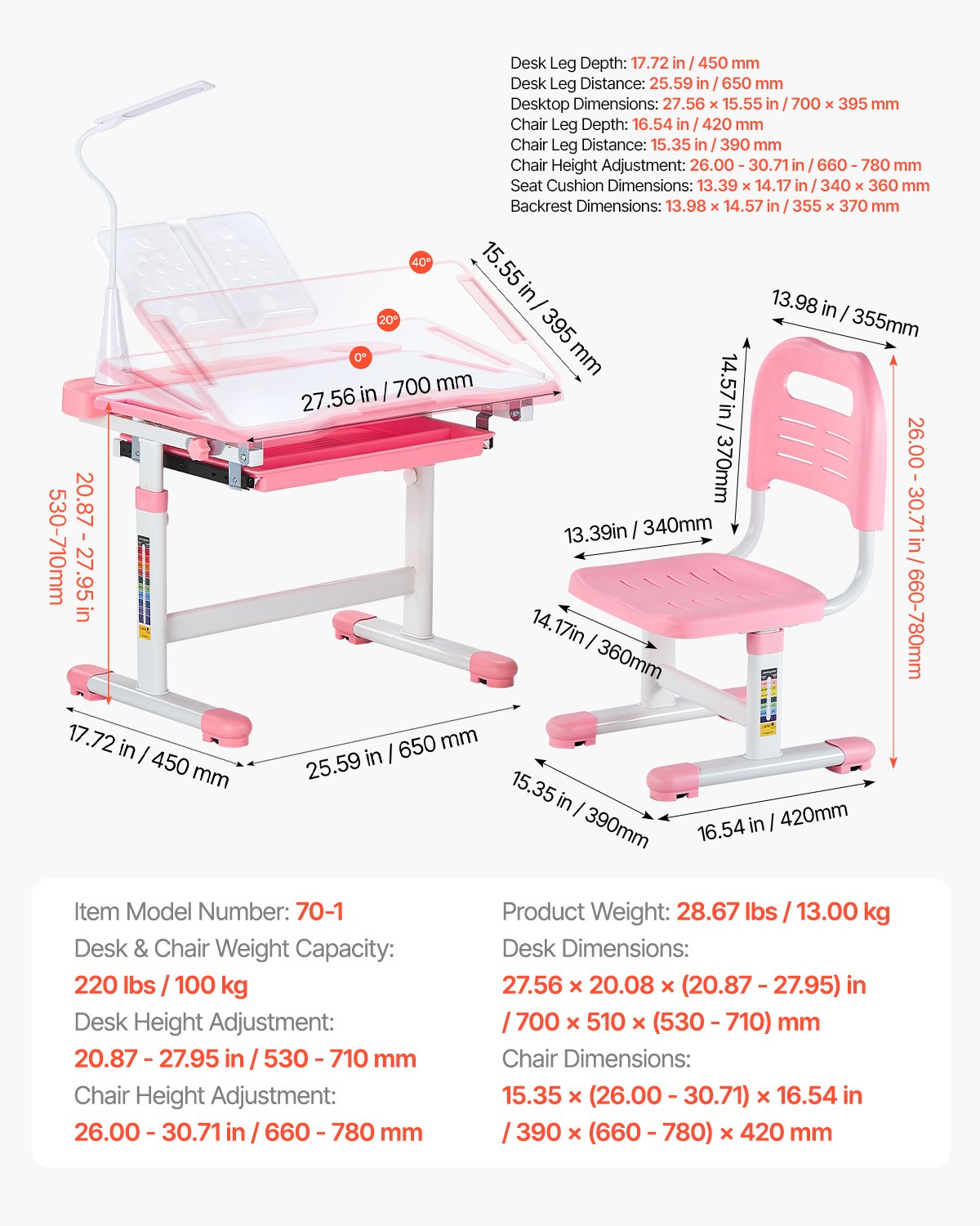 Kids Study Chair and Desk Set, Study Desk and Chair for Kids with Table Lamp, Adjustable Height & 0-40° Tilted Desktop Kids Desk and Chair, Children Study Table for Bedroom & Study Room, Pink
