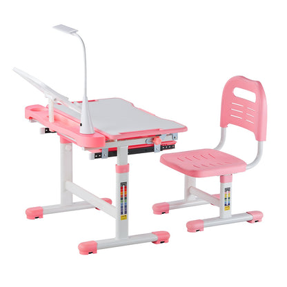 Barnstol och skrivbordsset, skrivbord och stol för barn med bordslampa, justerbar höjd och 0-40° lutande skrivbordsbord och stol, barnstudiebord för sovrum och studierum, rosa