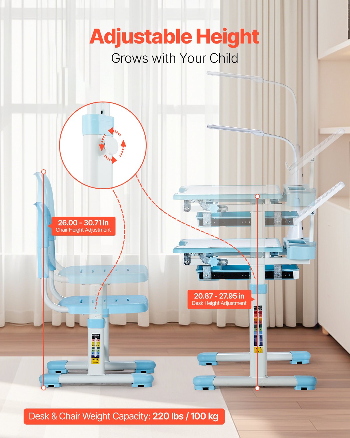 Kids Study Chair and Desk Set, Study Desk and Chair for Kids with Table Lamp, Adjustable Height & 0-40° Tilted Desktop Kids Desk and Chair, Children Study Table for Bedroom & Study Room, Blue