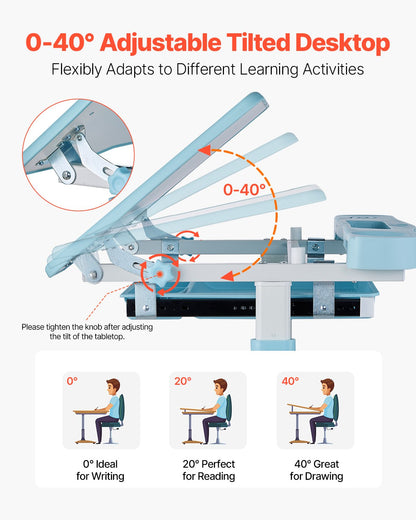 Kids Study Chair and Desk Set, Study Desk and Chair for Kids with Table Lamp, Adjustable Height & 0-40° Tilted Desktop Kids Desk and Chair, Children Study Table for Bedroom & Study Room, Blue