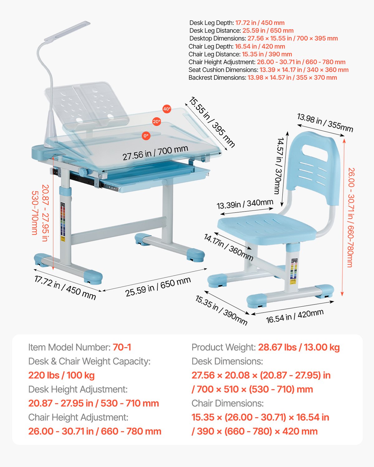 Kids Study Chair and Desk Set, Study Desk and Chair for Kids with Table Lamp, Adjustable Height & 0-40° Tilted Desktop Kids Desk and Chair, Children Study Table for Bedroom & Study Room, Blue
