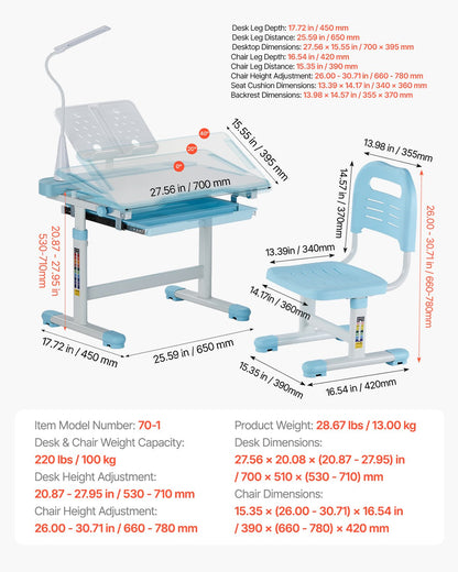 Kids Study Chair and Desk Set, Study Desk and Chair for Kids with Table Lamp, Adjustable Height & 0-40° Tilted Desktop Kids Desk and Chair, Children Study Table for Bedroom & Study Room, Blue