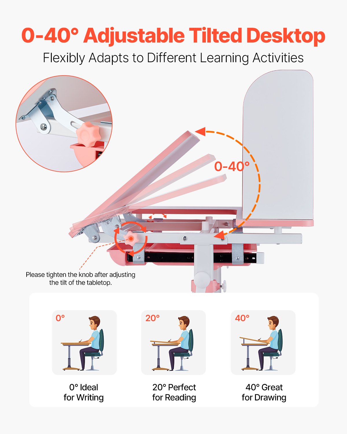 Barnstol och skrivbordsset, skrivbord och stol för barn med bokhylla och förvaringslåda, justerbar höjd och 0-40° lutande skrivbord och stol, studiebord för sovrum och studierum, rosa