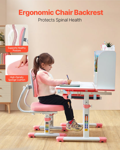 Barnstol och skrivbordsset, skrivbord och stol för barn med bokhylla och förvaringslåda, justerbar höjd och 0-40° lutande skrivbord och stol, studiebord för sovrum och studierum, rosa