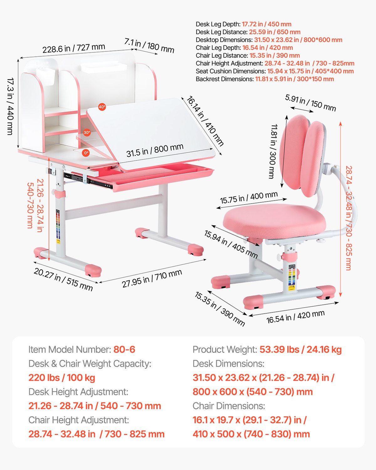 Barnstol och skrivbordsset, skrivbord och stol för barn med bokhylla och förvaringslåda, justerbar höjd och 0-40° lutande skrivbord och stol, studiebord för sovrum och studierum, rosa