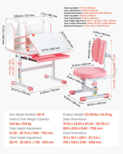 Barnstol och skrivbordsset, skrivbord och stol för barn med bokhylla och förvaringslåda, justerbar höjd och 0-40° lutande skrivbord och stol, studiebord för sovrum och studierum, rosa